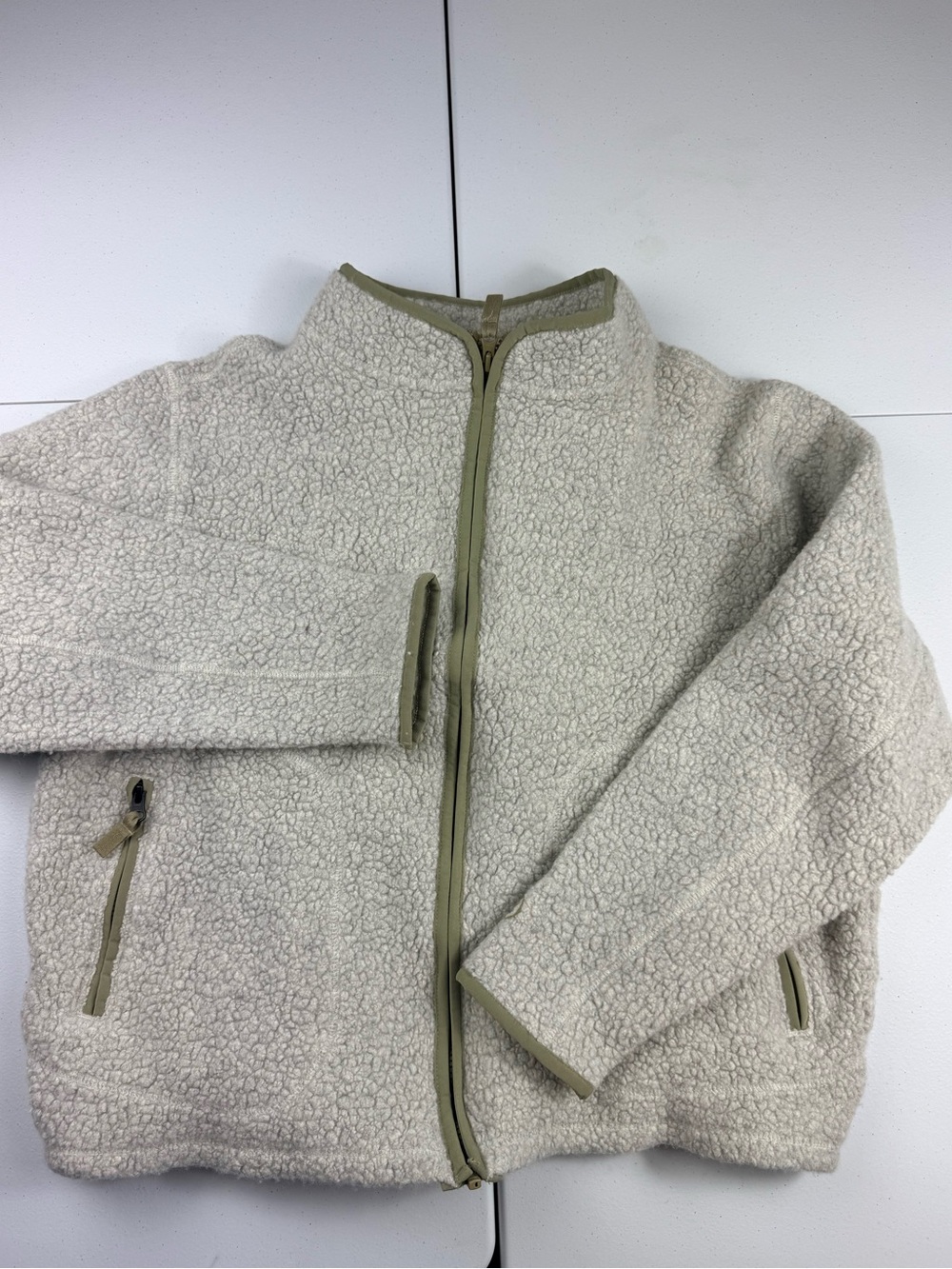 Outerknown woolaroo Cream Sherpa Zip-Up Jacket with Olive Trim